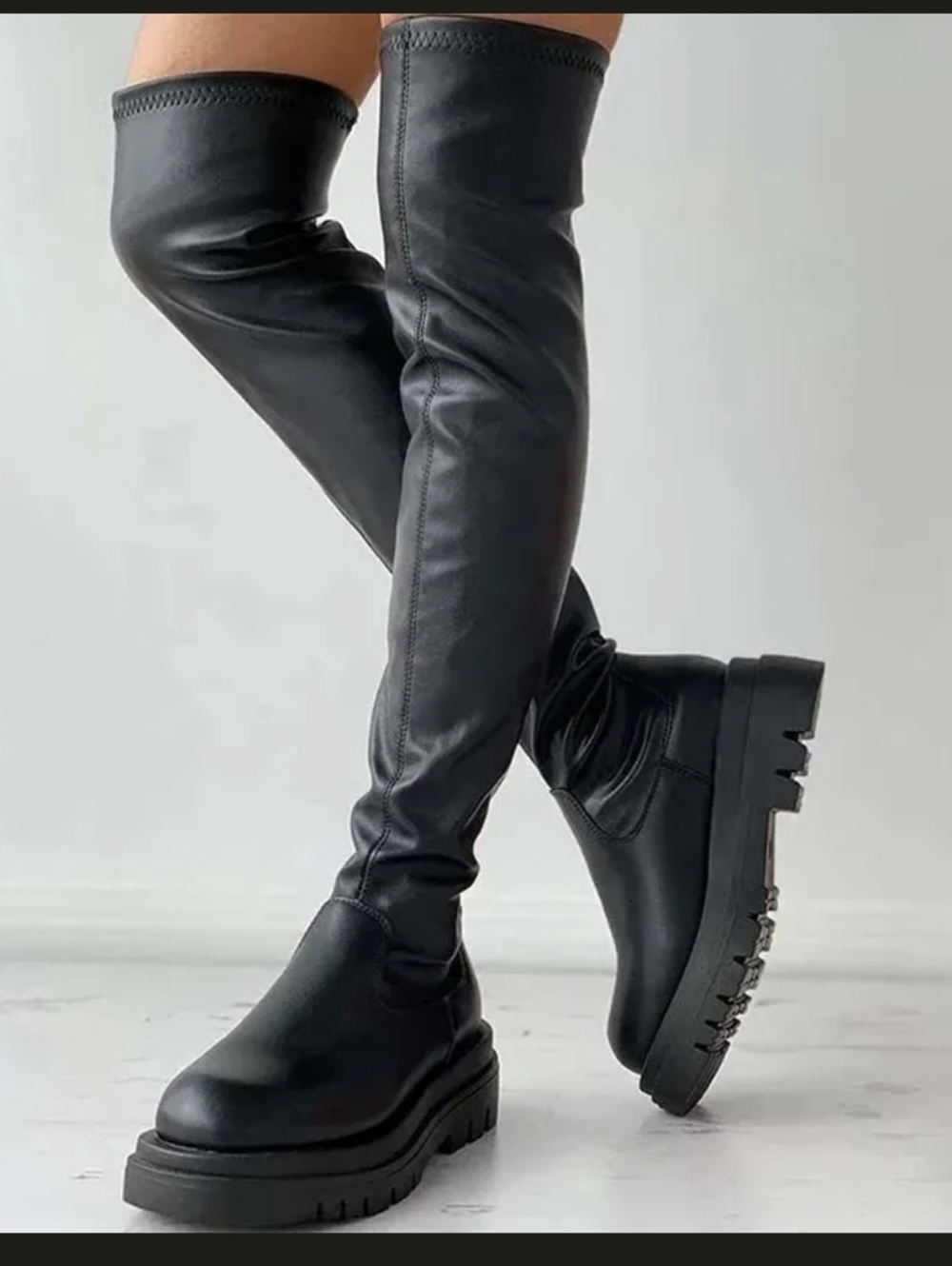 Faux Leather Black Over-the-Knee Chunky Platform Boots